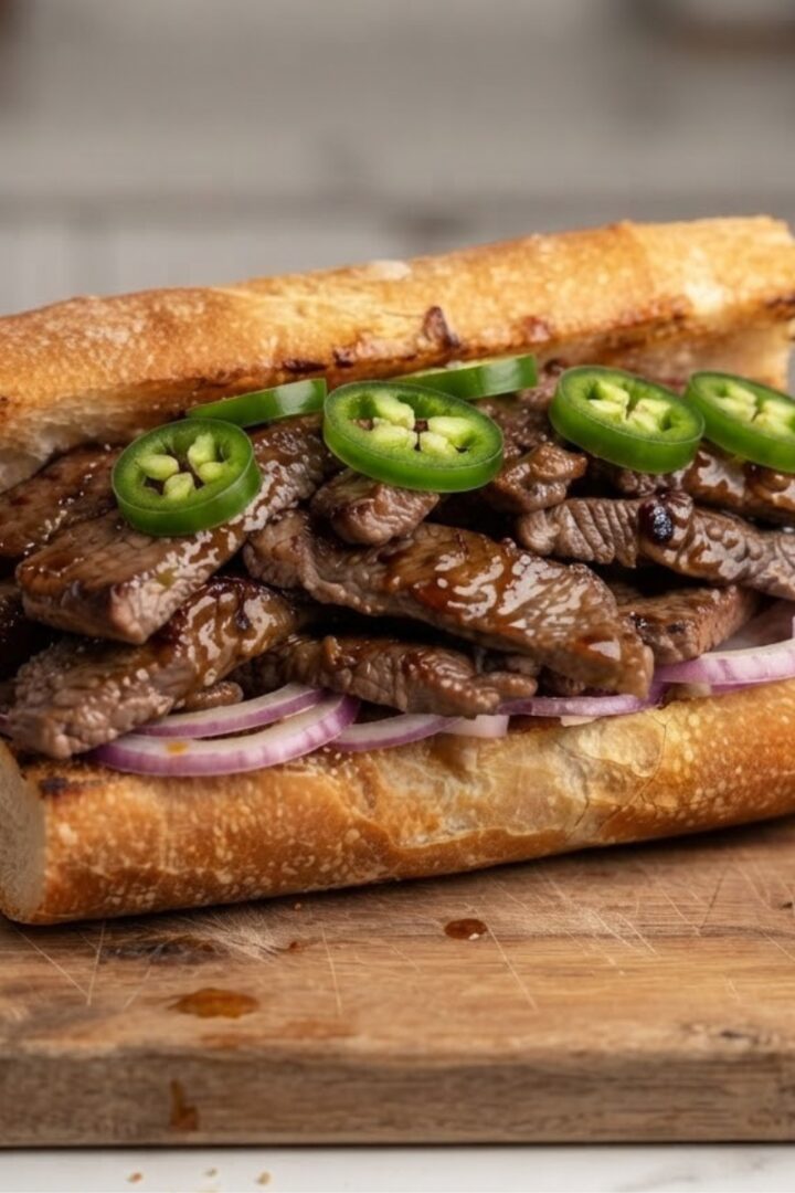 A close-up of Korean Steak Sandwich on a serving board placed on white marble kitchen counter.
