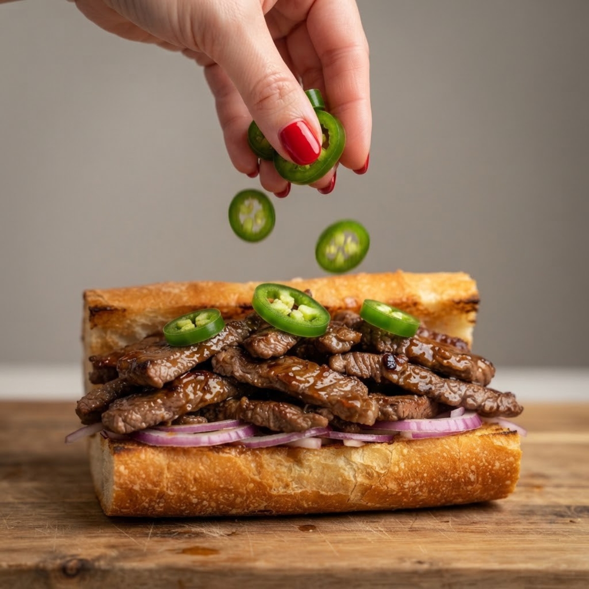 Extreme close-up shot of a woman with classic red nails adding fresh sliced jalapeños to a loaded Korean steak sandwich on a cutting board.