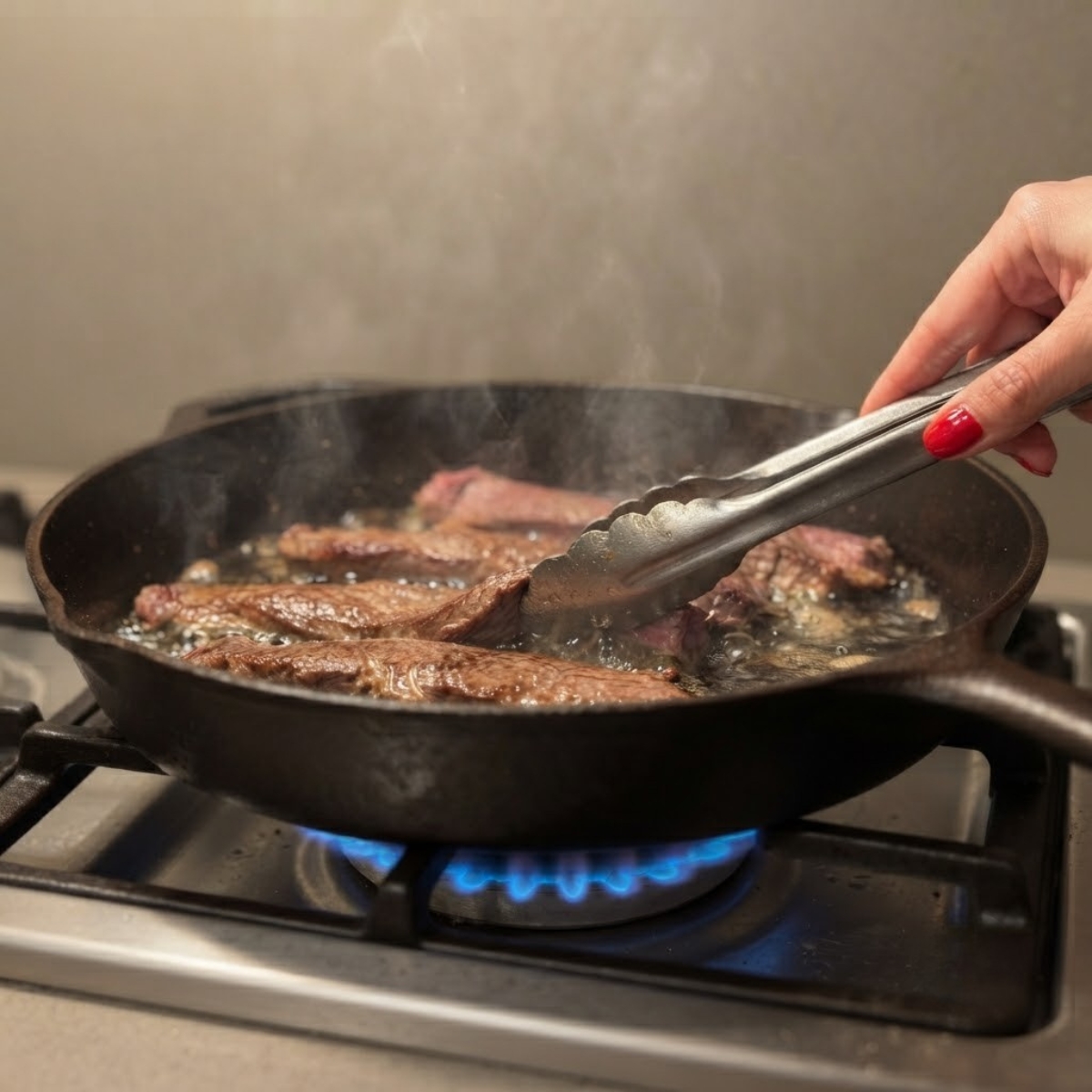 Extreme close-up shot of a woman with classic red nails using flip flops to place marinated flank steak strips into a hot cast-iron skillet over a blue gas stove flame.