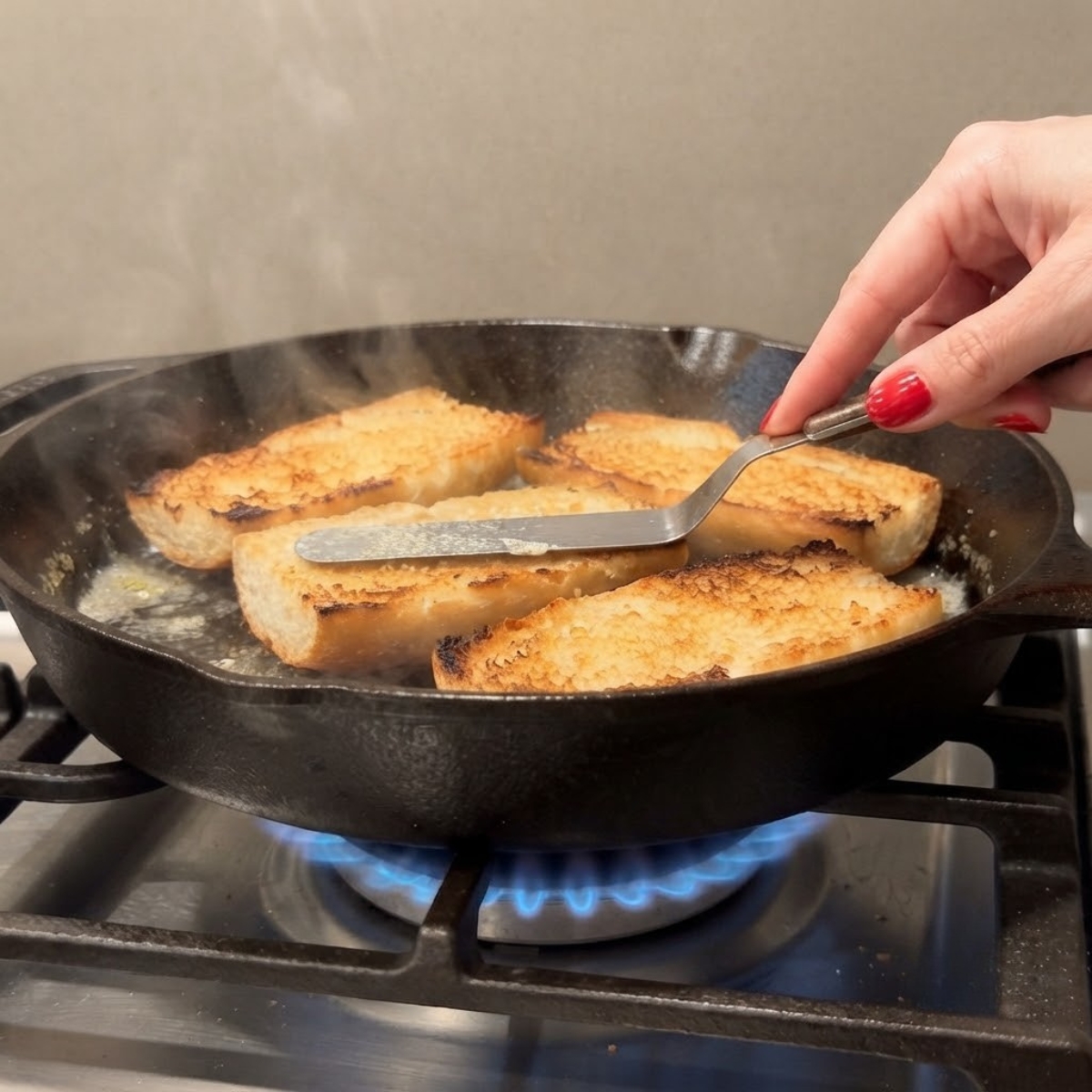 Extreme close-up shot of a woman with classic red nails using a spatula to toast open-faced baguette halves inside a hot cast-iron skillet over a blue gas flame stove.