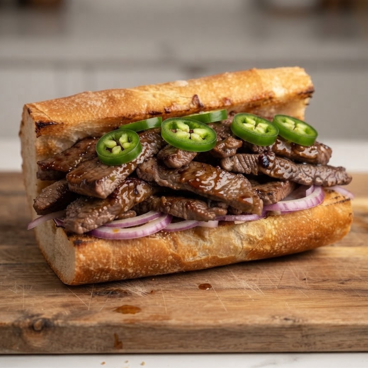 A close-up of Korean Steak Sandwich on a serving board placed on white marble kitchen counter.