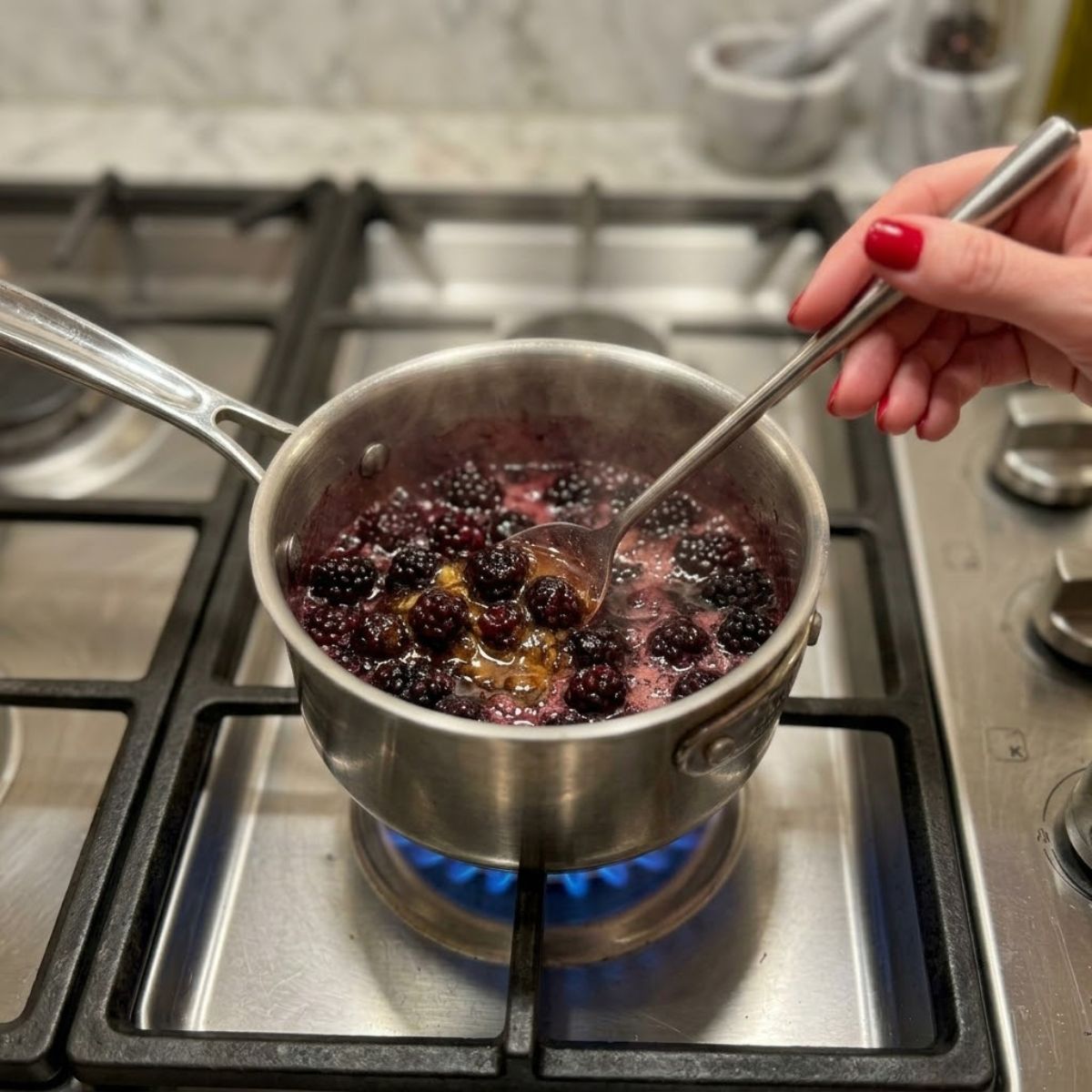 Close-up of hands with red nails stirring simmering blackberries and honey in a saucepan on the stove.