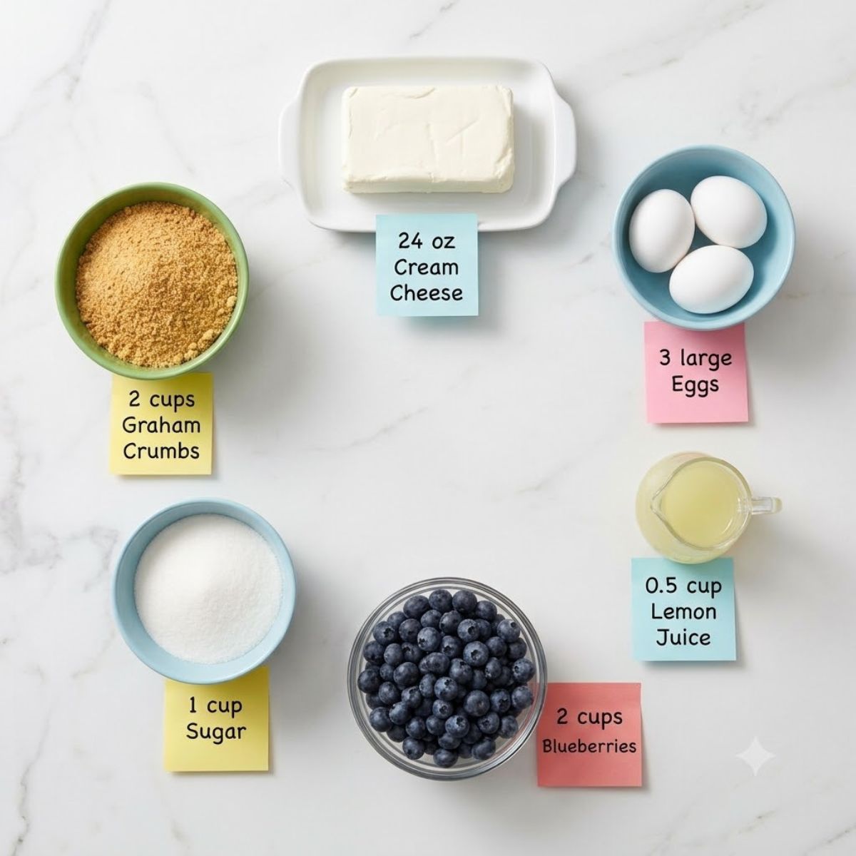 Overhead flat lay of raw Lemon Blueberry Cheesecake ingredients with labeled sticky notes on marble.