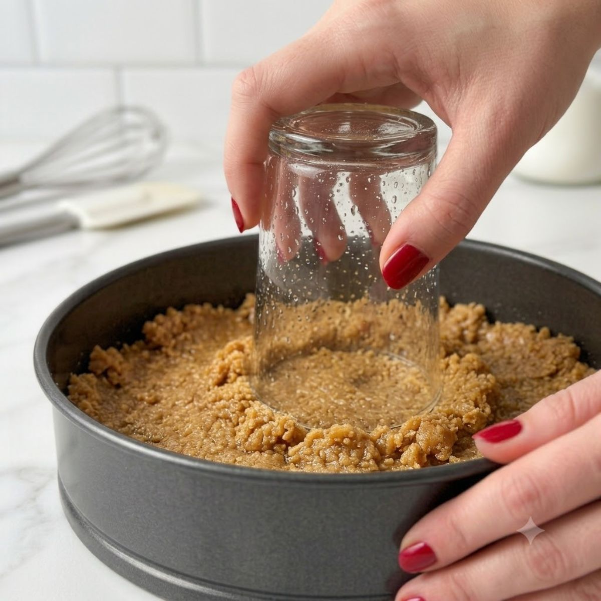 Close-up of woman's hands with red nails using a glass to press graham cracker crust in a pan.