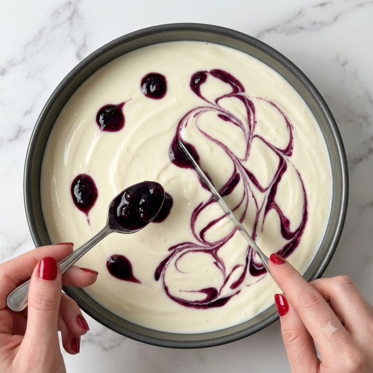 Close-up of hands with red nails dragging a knife to swirl blueberry sauce into cheesecake batter.