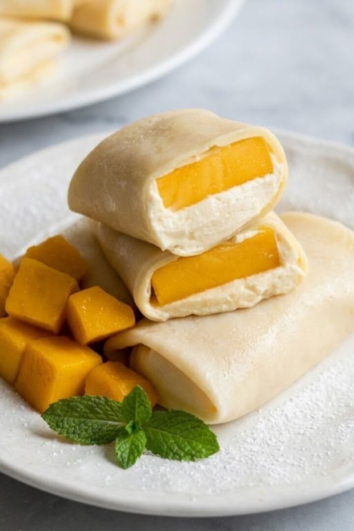 A view of Mango Pancakes with a cut pancake revealing a mango and whiped cream filling on a white ceramic plate on white marble kitchen counter.