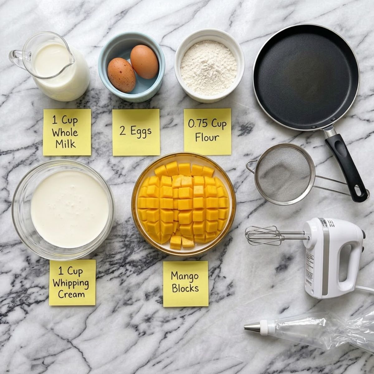 Flat lay photo of milk, eggs, flour, whipping cream, and fresh mango blocks in bowls on a white marble counter with sticky note labels.