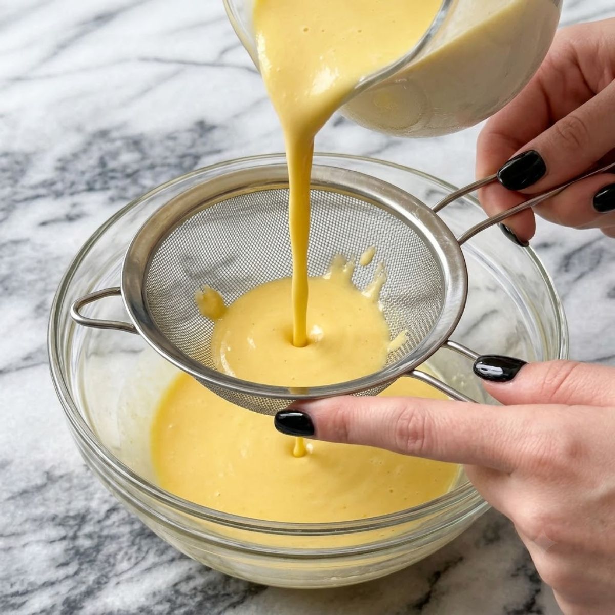 Extreme close-up of hands with black polish straining crepe batter through a mesh sieve into a glass bowl.
