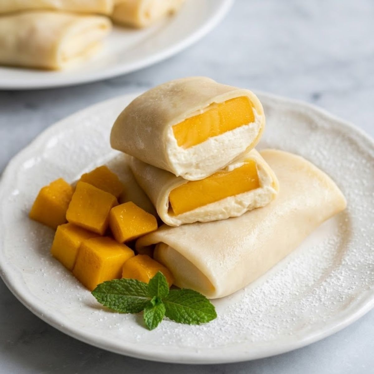 A view of Mango Pancakes with a cut pancake revealing a mango and whiped cream filling on a white ceramic plate on white marble kitchen counter.