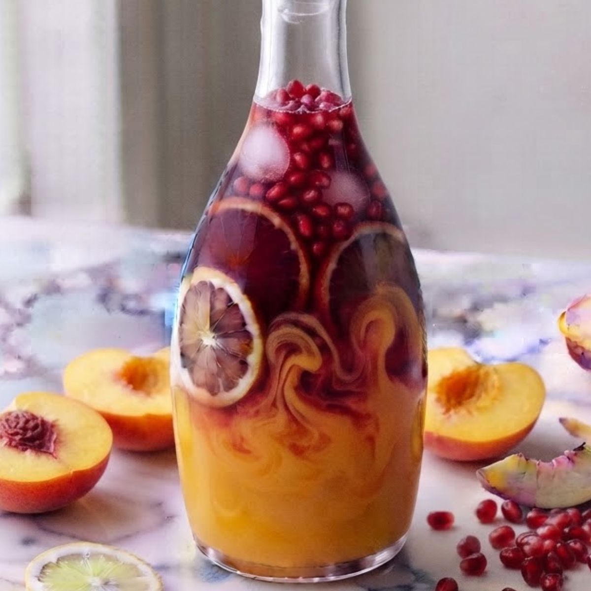 Peach Pomegranate Lemonade contained in a glass bottle on white marble kitchen counter with sliced peaches and pomegranate.