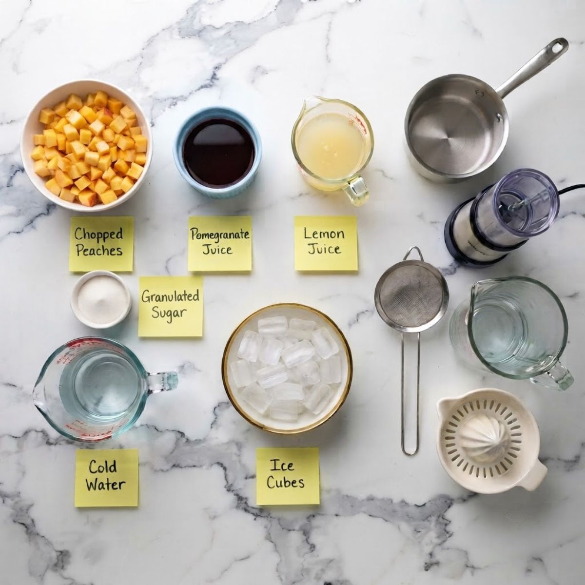 Flat lay photo of chopped yellow peaches, pomegranate juice, lemon juice, sugar, water, and ice cubes in containers on a marble counter with sticky note labels.