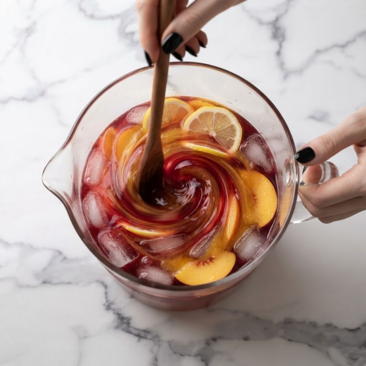 Top-down close-up of hands with glossy black nails stirring peach pomegranate lemonade with a wooden spoon in a large glass pitcher.