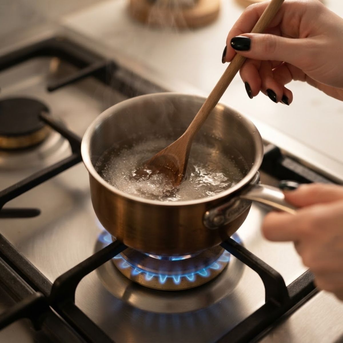 Extreme close-up of hands with glossy black nails stirring sugar and water in a saucepan over a gas stove flame.