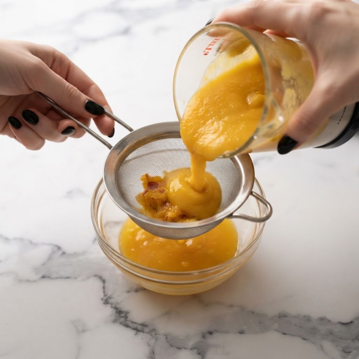 Close-up view of hands with glossy black nails straining fresh yellow peach puree through a fine mesh strainer into a glass bowl.