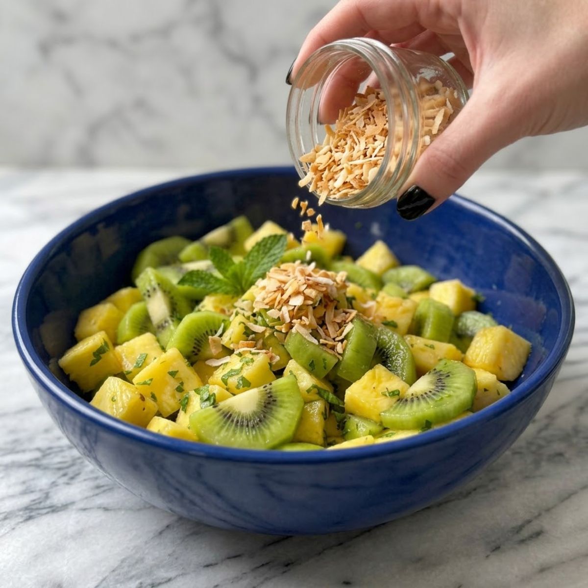 Extreme close-up shot of a woman with glossy black nails sprinkling golden toasted coconut flakes onto a fresh Pineapple Kiwi Salad in a blue bowl on a marble kitchen counter.