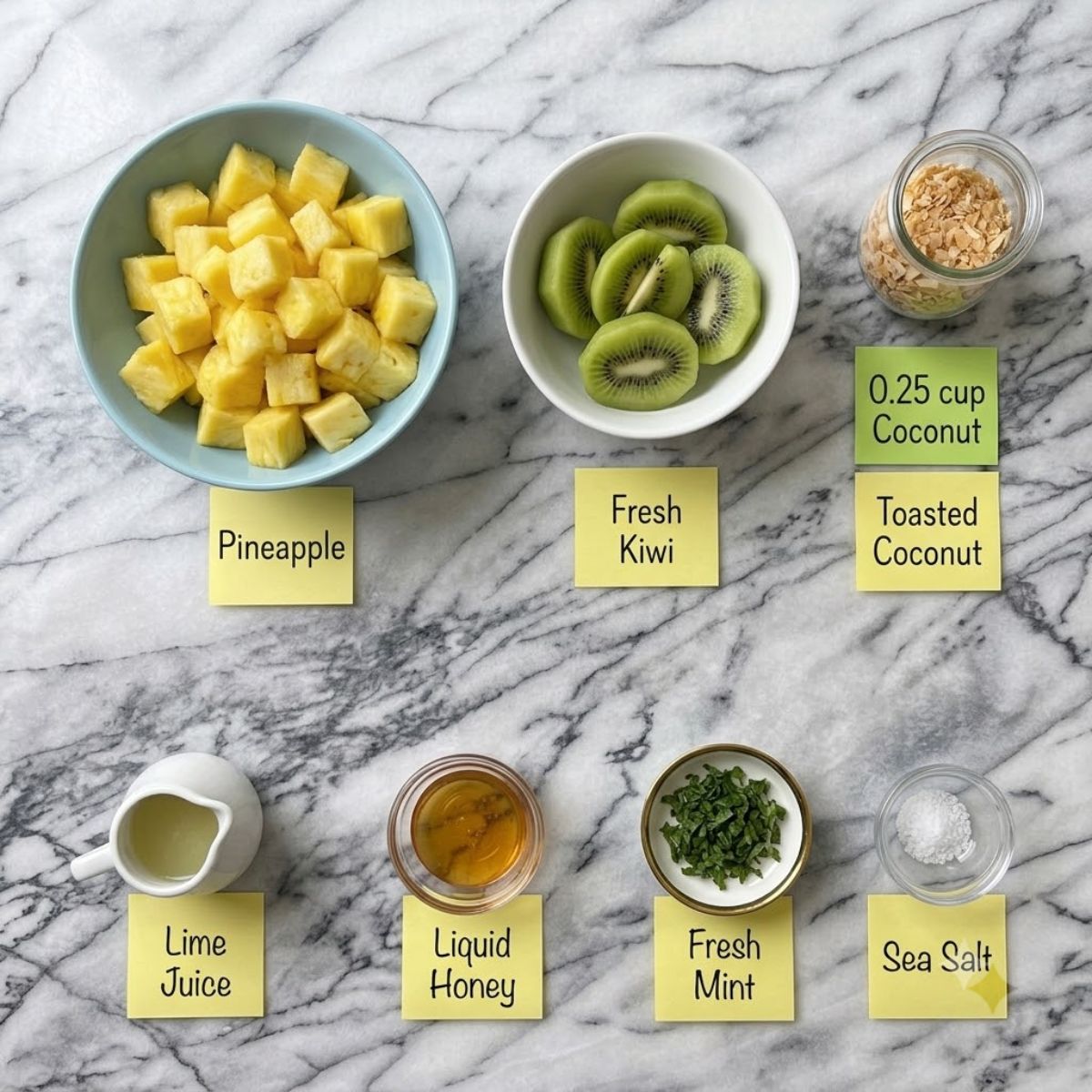 Top down knolling shot of Pineapple Kiwi Salad ingredients on white marble, including diced pineapple, sliced kiwi, toasted coconut, lime juice, honey, and mint, all in various bowls and jars with identifying handwritten sticky notes.