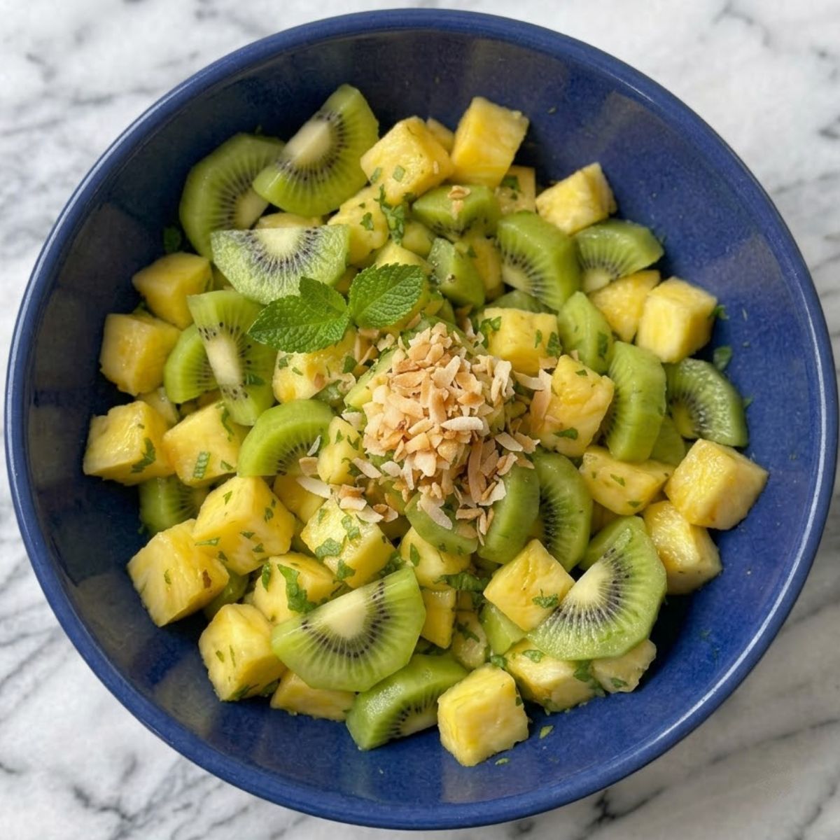 A close-up of Pineapple Kiwi Salad in a blue ceramic bowl placed on white marble kitchen counter.