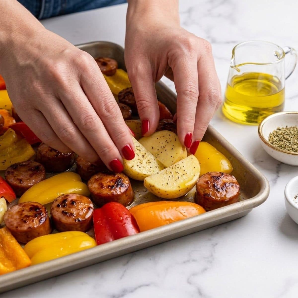 An extreme close-up view of a woman with Classic Red nails placing seasoned sausage and potatoes in a single layer on a greased baking sheet on a marble counter.