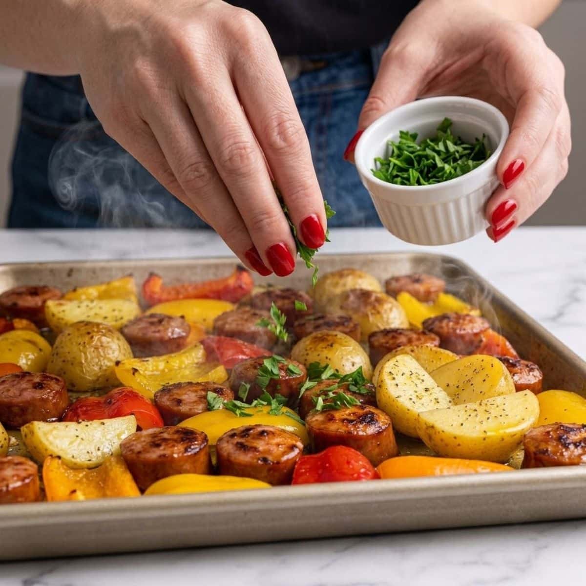 A close-up view of a woman with Classic Red nails scattering fresh parsley over a hot, steamed, roasted sausage and potato sheet pan dinner.