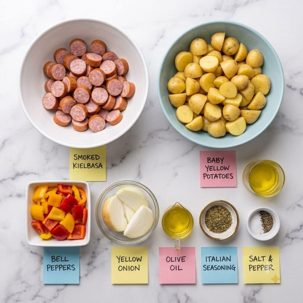 An overhead knolling shot of raw ingredients for a sausage and potato bake including sliced kielbasa, potatoes, peppers, onions, and seasonings with handwritten sticky notes on a marble counter.
