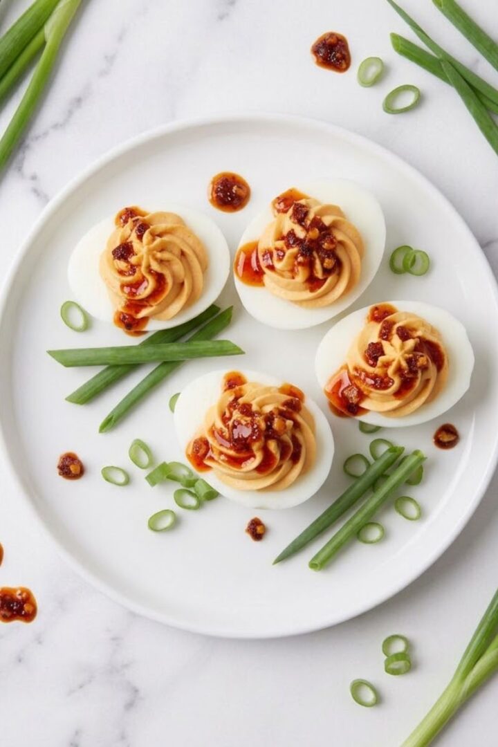 An overhead top-down angle of Spicy Chili Garlic Deviled Eggs place on a white simple plate with sliced chili and white onions all placed on a white marble kitchen counter.