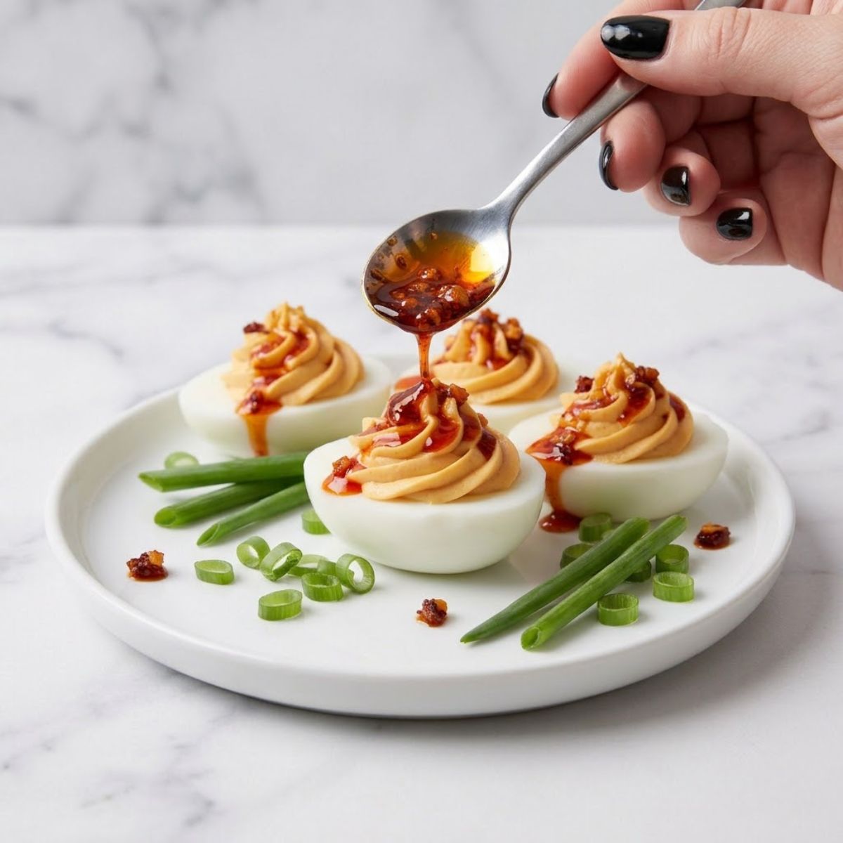 Spicy Chili Garlic Deviled Eggs Drizzle