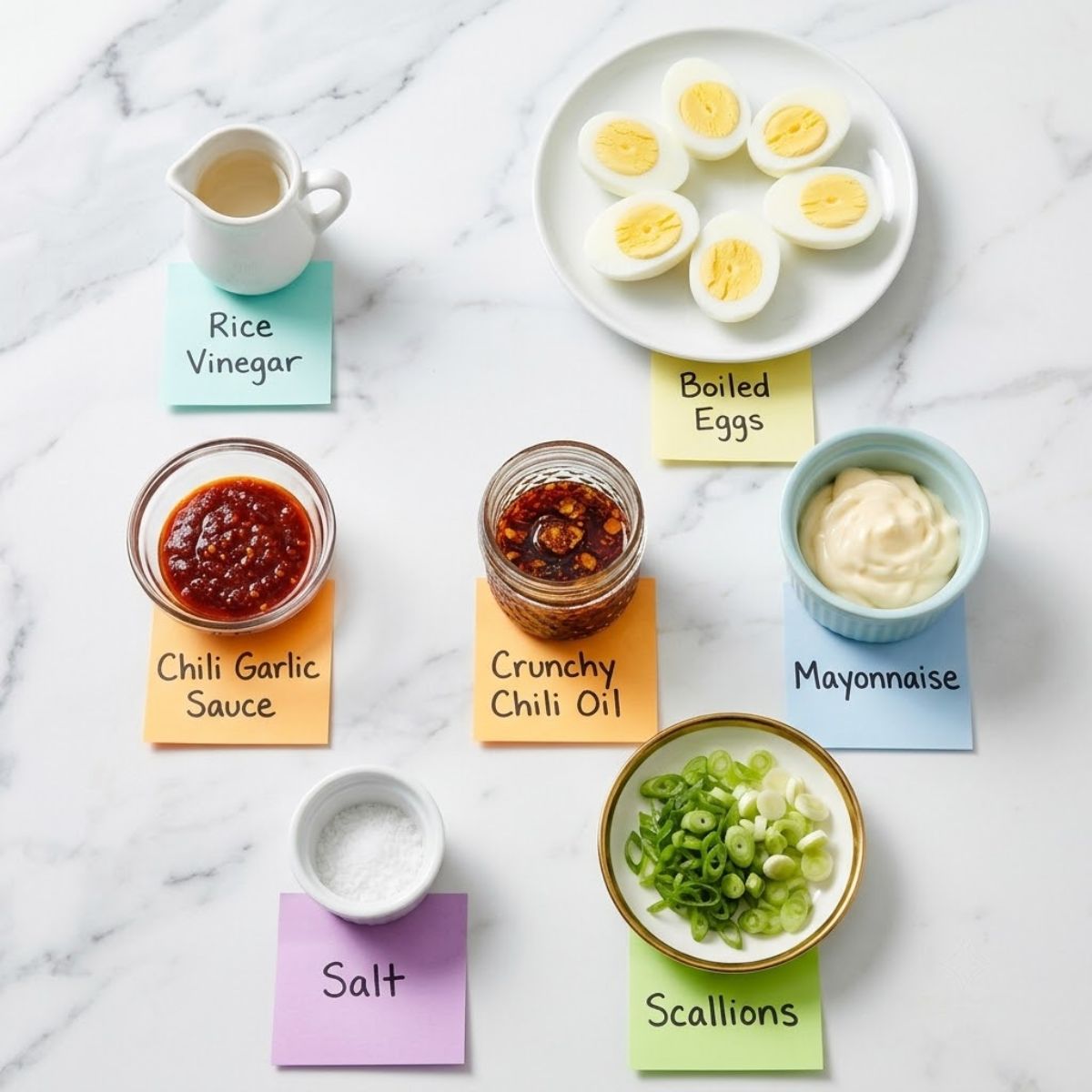 Top down knolling shot of Spicy Chili Garlic Deviled Eggs ingredients on white marble, including halved boiled eggs, mayonnaise, chili garlic sauce, rice vinegar, crunchy chili oil, scallions, and salt, all in various bowls and plates with identifying handwritten sticky notes.