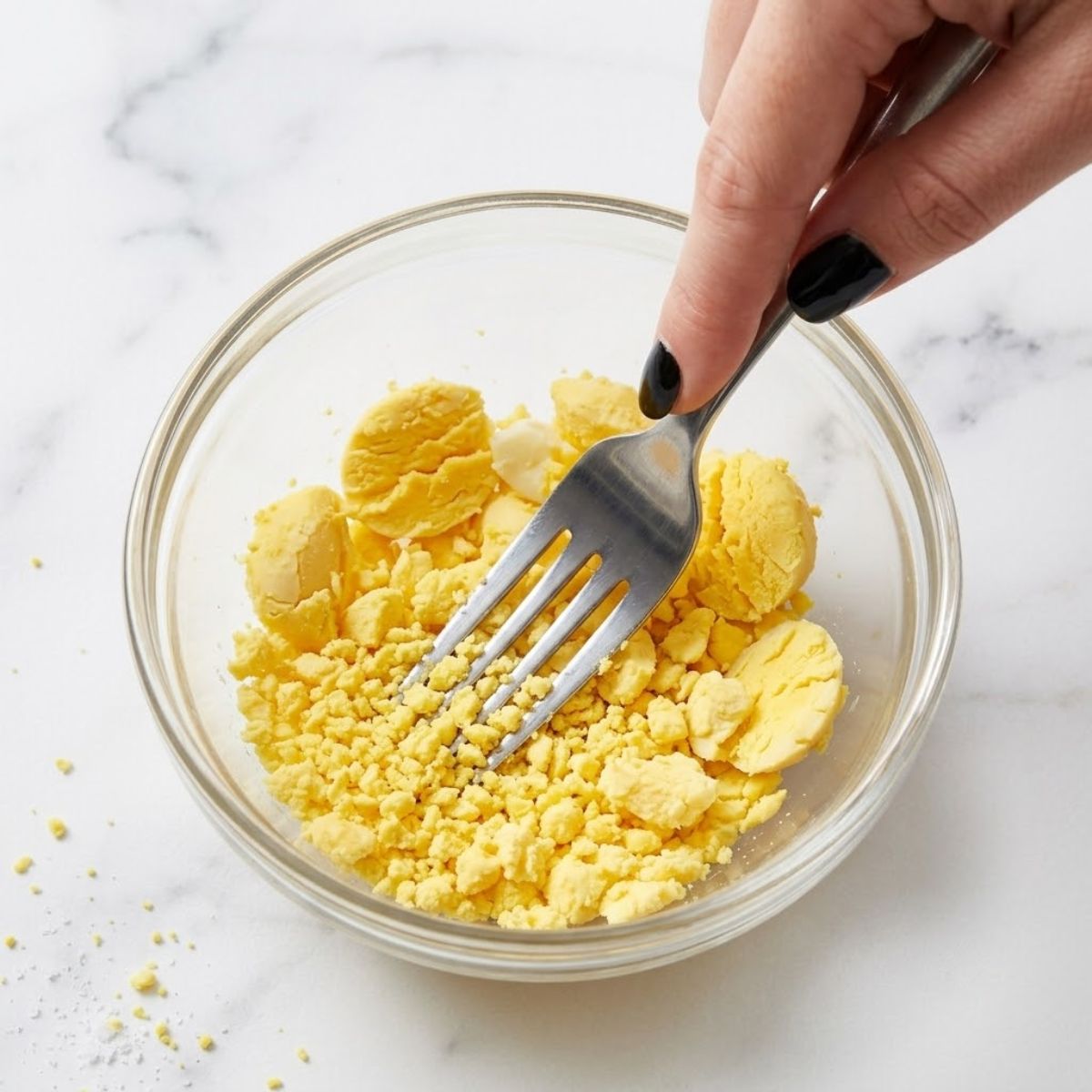 Extreme close-up shot of a woman with glossy black nails mashing hard-boiled egg yolks in a glass mixing bowl with a silver fork on a marble counter.