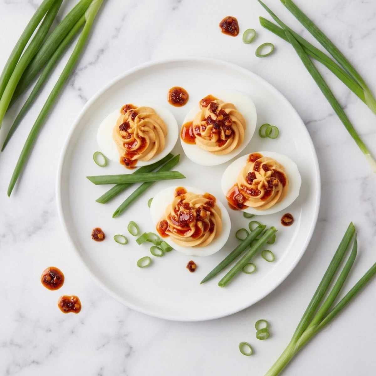 An overhead top-down angle of Spicy Chili Garlic Deviled Eggs place on a white simple plate with sliced chili and white onions all placed on a white marble kitchen counter.