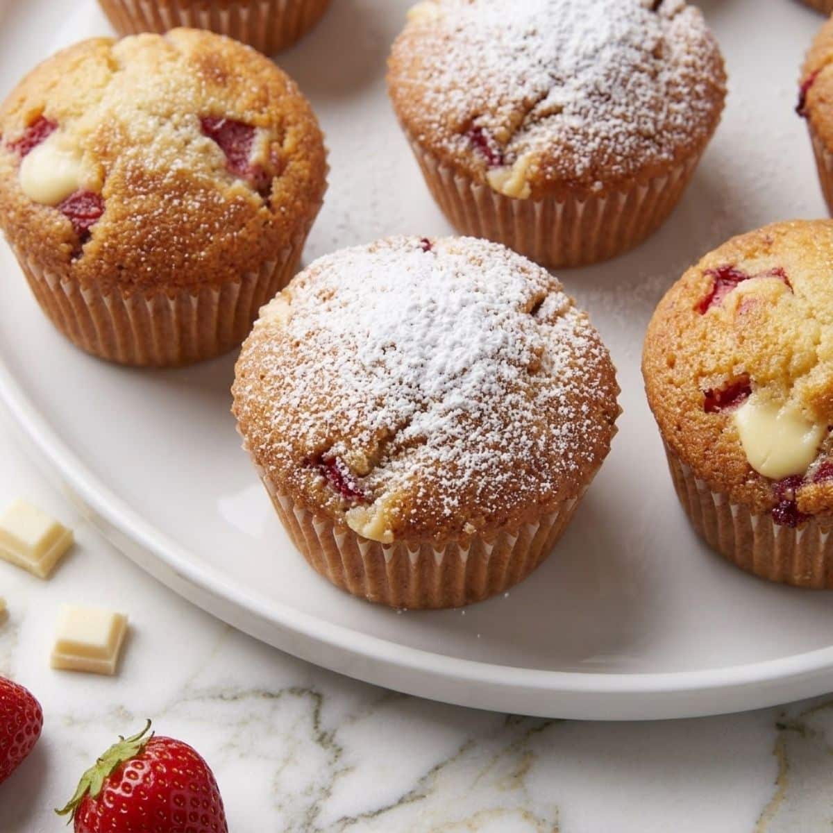 A close-up of baked White Chocolate Chip Strawberry Muffins on a white plate.