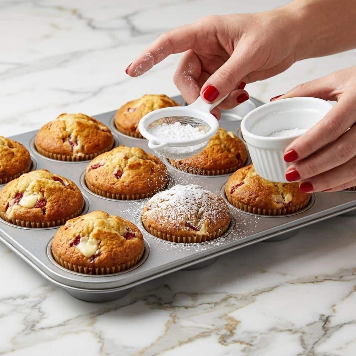 A high-angle close-up view of a woman with Classic Red nails scattering fine powdered sugar over deeply golden-brown baked muffins on a marble counter.