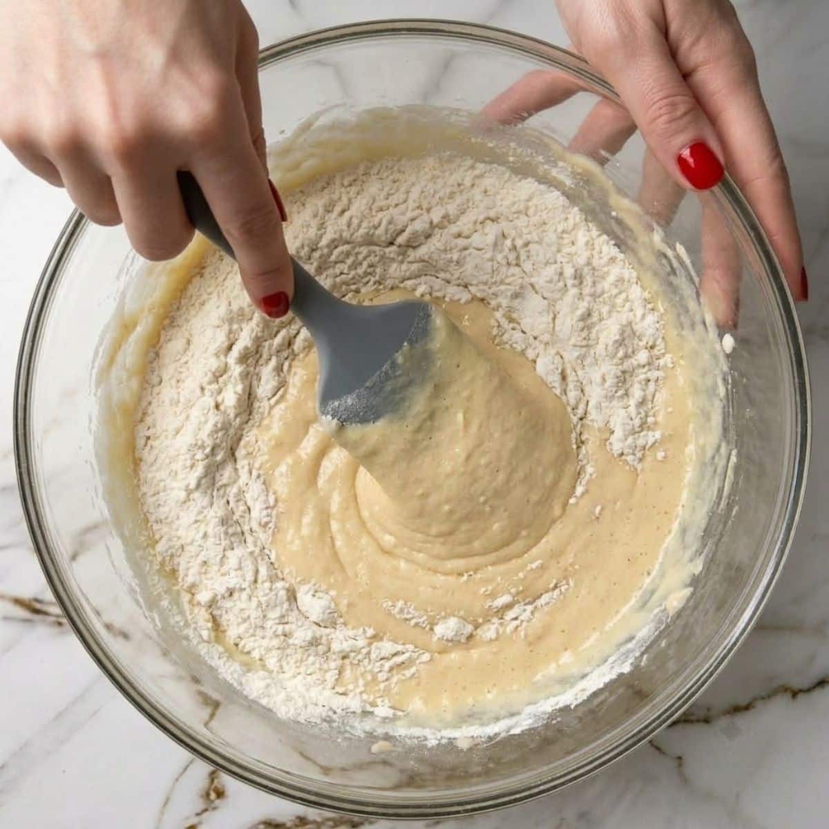An eye-level extreme close-up of a woman with Classic Red nails using a rubber spatula to fold flour into an airy egg foam in a mixing bowl on a marble counter.