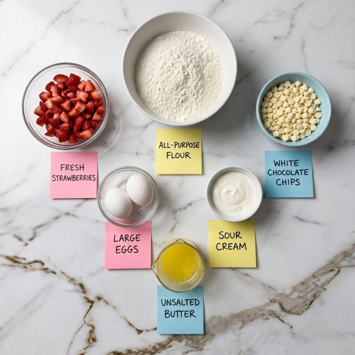 An overhead knolling shot of raw ingredients for strawberry and white chocolate muffins including diced berries, flour, eggs, and sour cream with handwritten sticky notes on a marble counter.