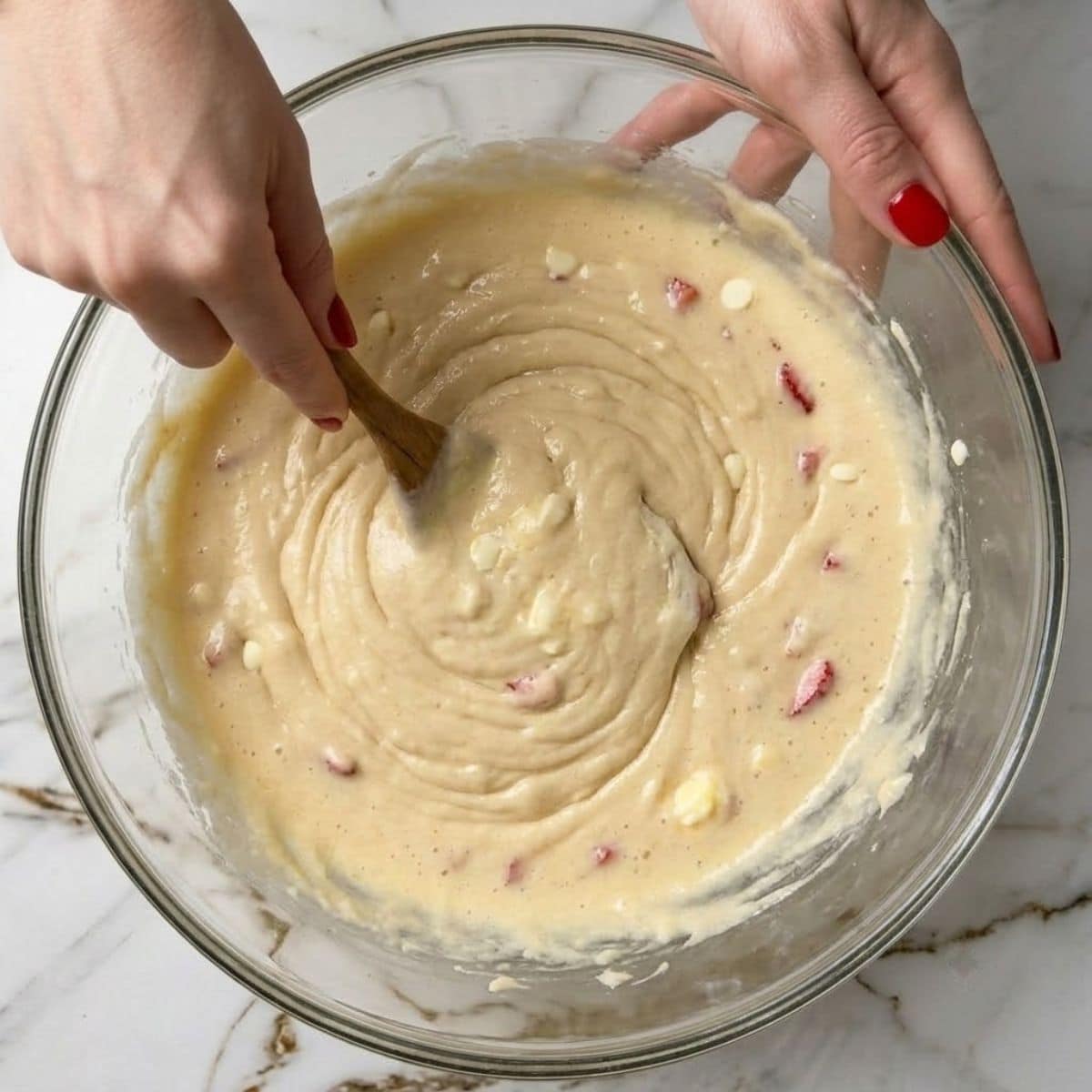 A high-angle close-up view of a woman with Classic Red nails using a wooden spoon to stir wet batter in a glass bowl on a marble counter.