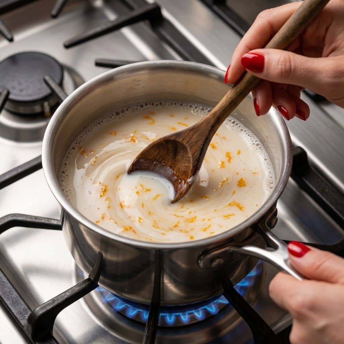 A high-angle close-up view of a woman with Glossy Black nails stirring almond milk infused with orange zest in a saucepan on a gas stove.