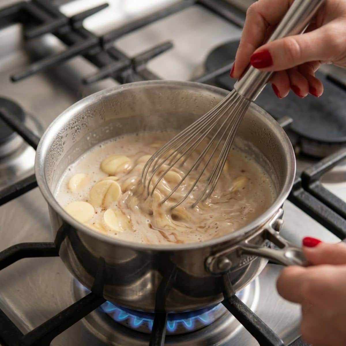 An eye-level close-up of a woman with Glossy Black nails whisking melting white chocolate wafers into hot almond milk in a saucepan on a stove.