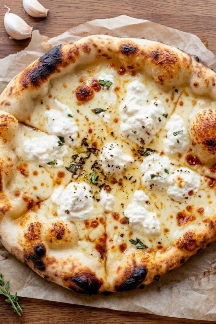 An overhead top-down view of White Sauce Pizza Simmering Garlic Cream.