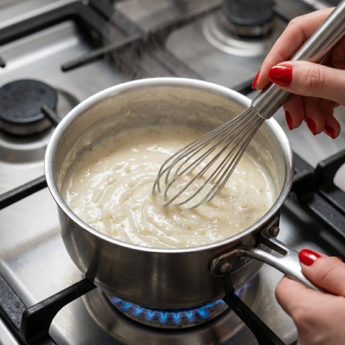 Close-up of hands with red nails whisking a simmering garlic white sauce in a saucepan on the stove.