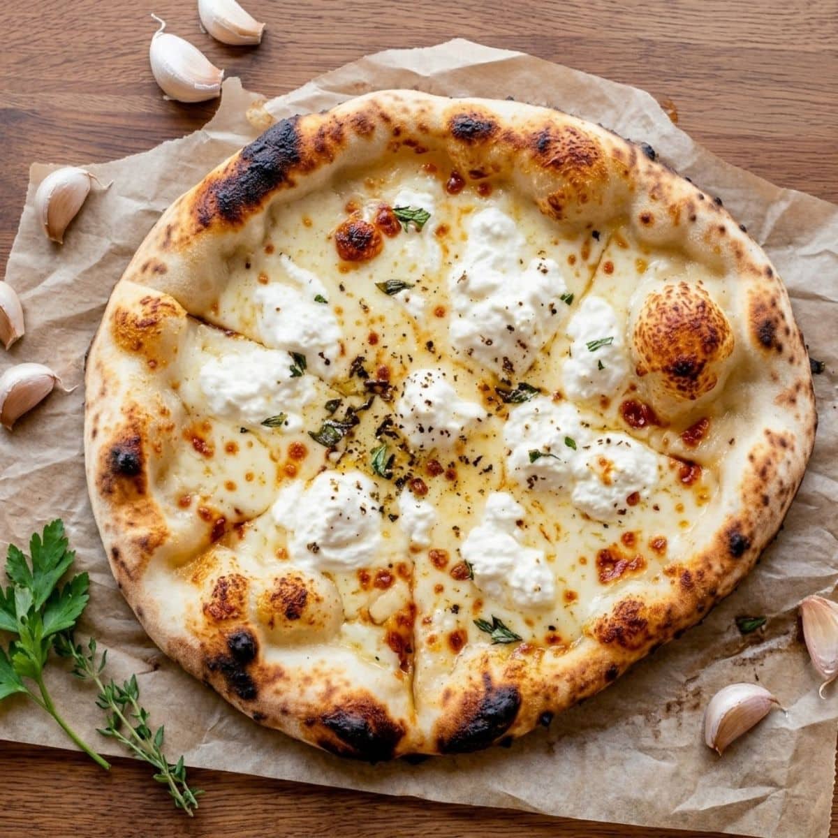 An overhead top-down view of White Sauce Pizza Simmering Garlic Cream.