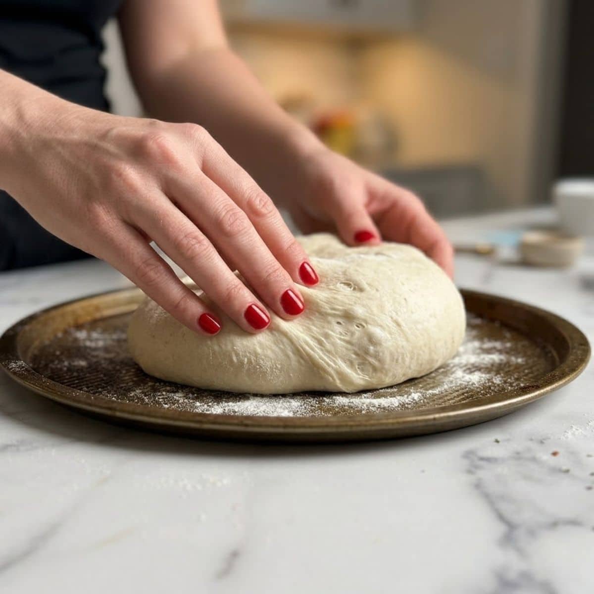 Close-up of hands with red nails stretching fresh pizza dough in a pan on a marble counter.