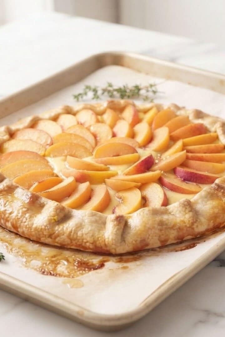 A close-up of the Apricot Honey Custard Galette golden and freshly baked with abricots place next to it. It's all placed on white marble kitchen counter with natural lighting.
