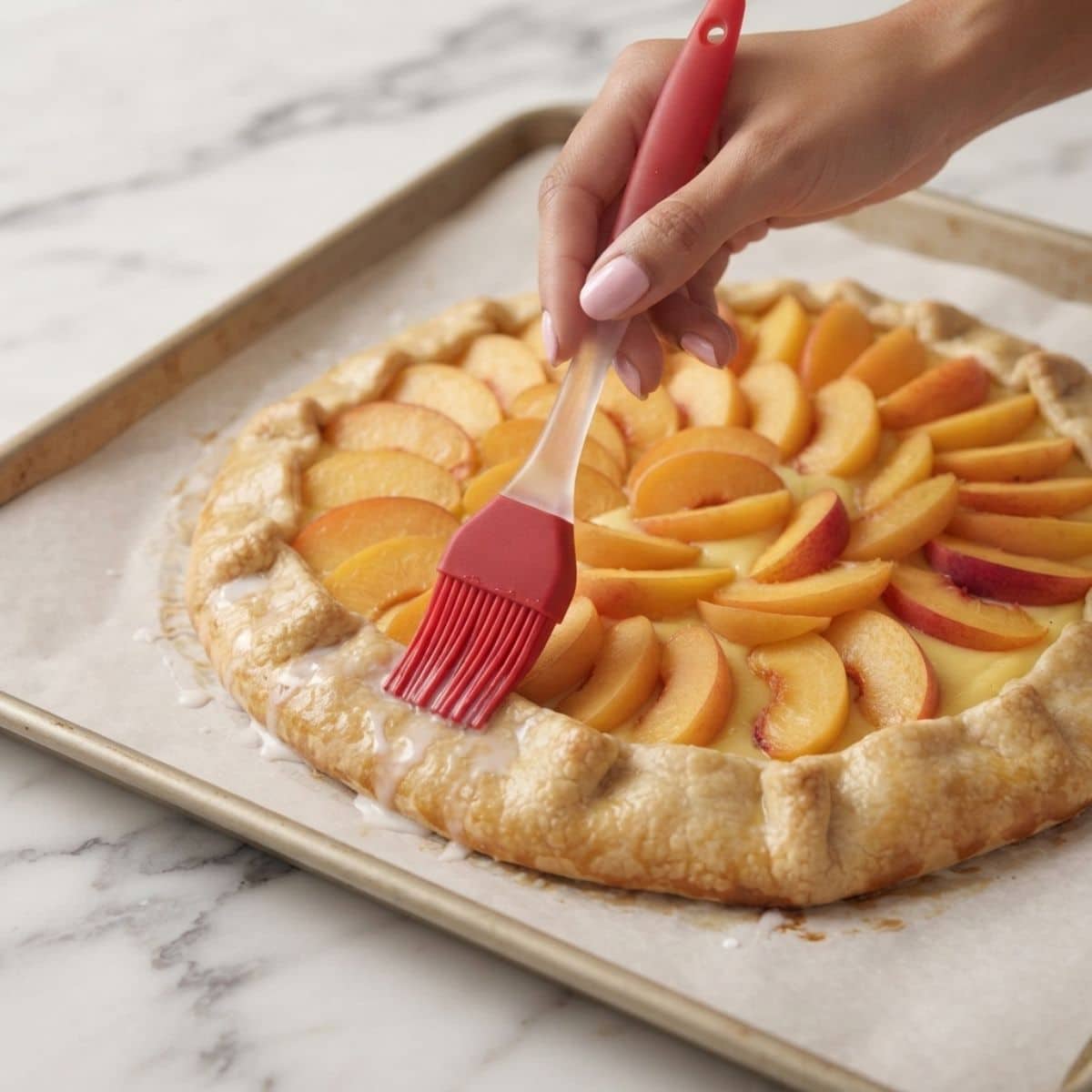 Extreme close-up shot of a woman with baby pink nails brushing milk onto the folded pastry border of an Apricot Honey Custard Galette on a baking sheet.