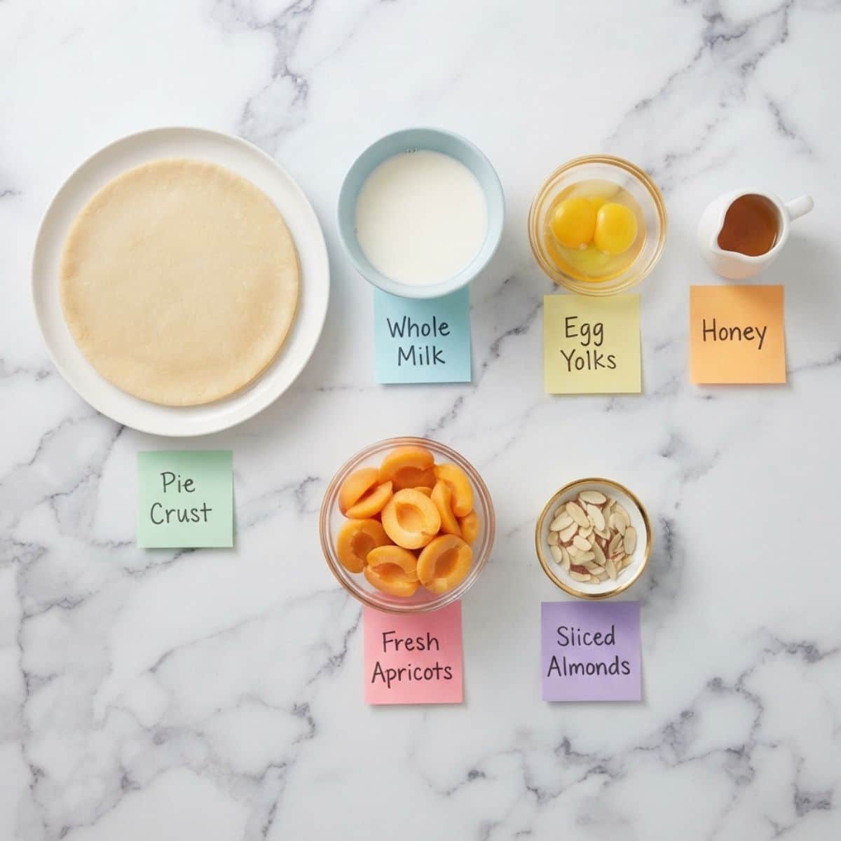 Top-down knolling shot of Apricot Honey Custard Galette ingredients on white marble, including pie crust, milk, egg yolks, honey, apricots, and almonds, all in various bowls and plates with identifying handwritten sticky notes.