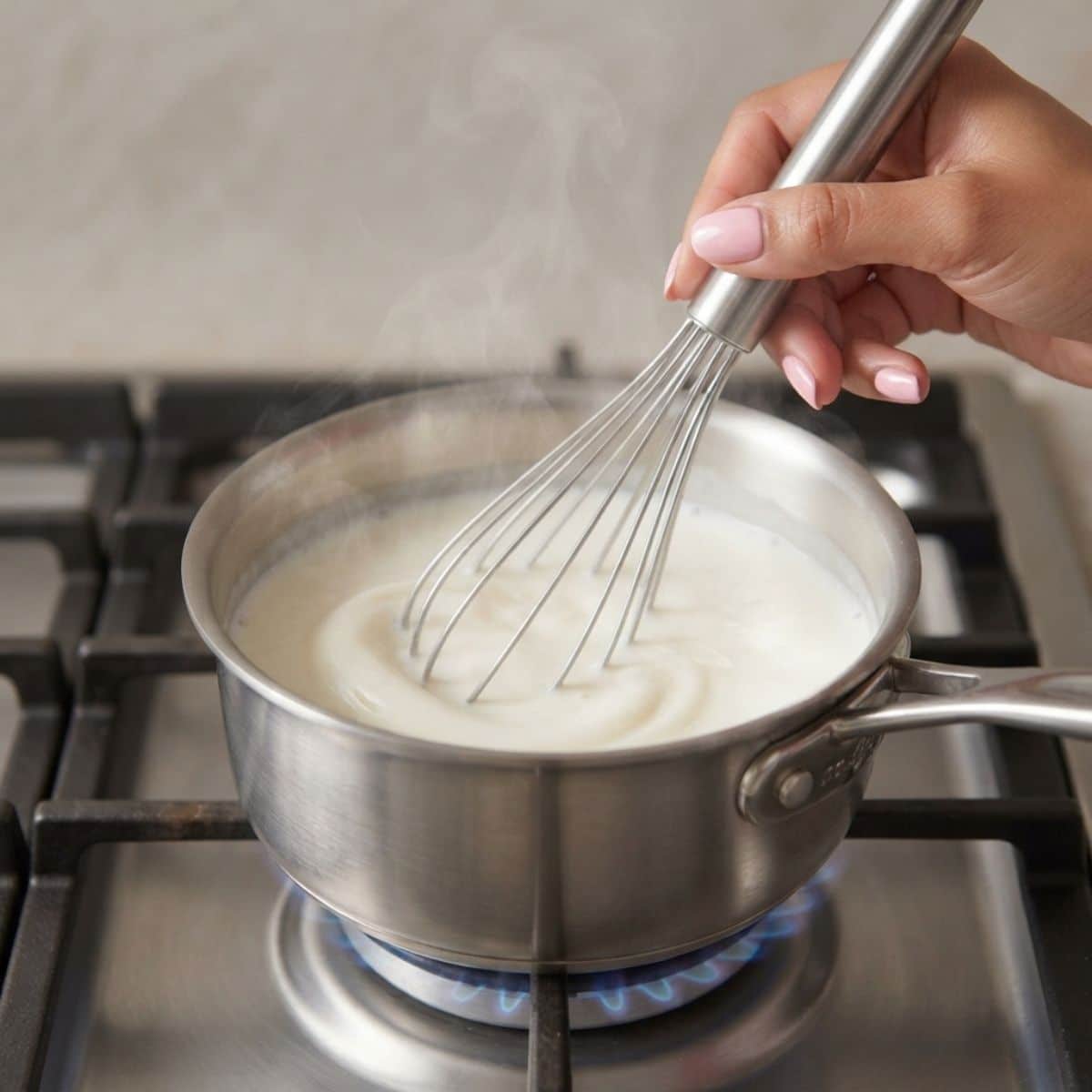 Extreme close-up shot of a woman with baby pink nails whisking warm milk in a small saucepan over a blue gas stove flame.