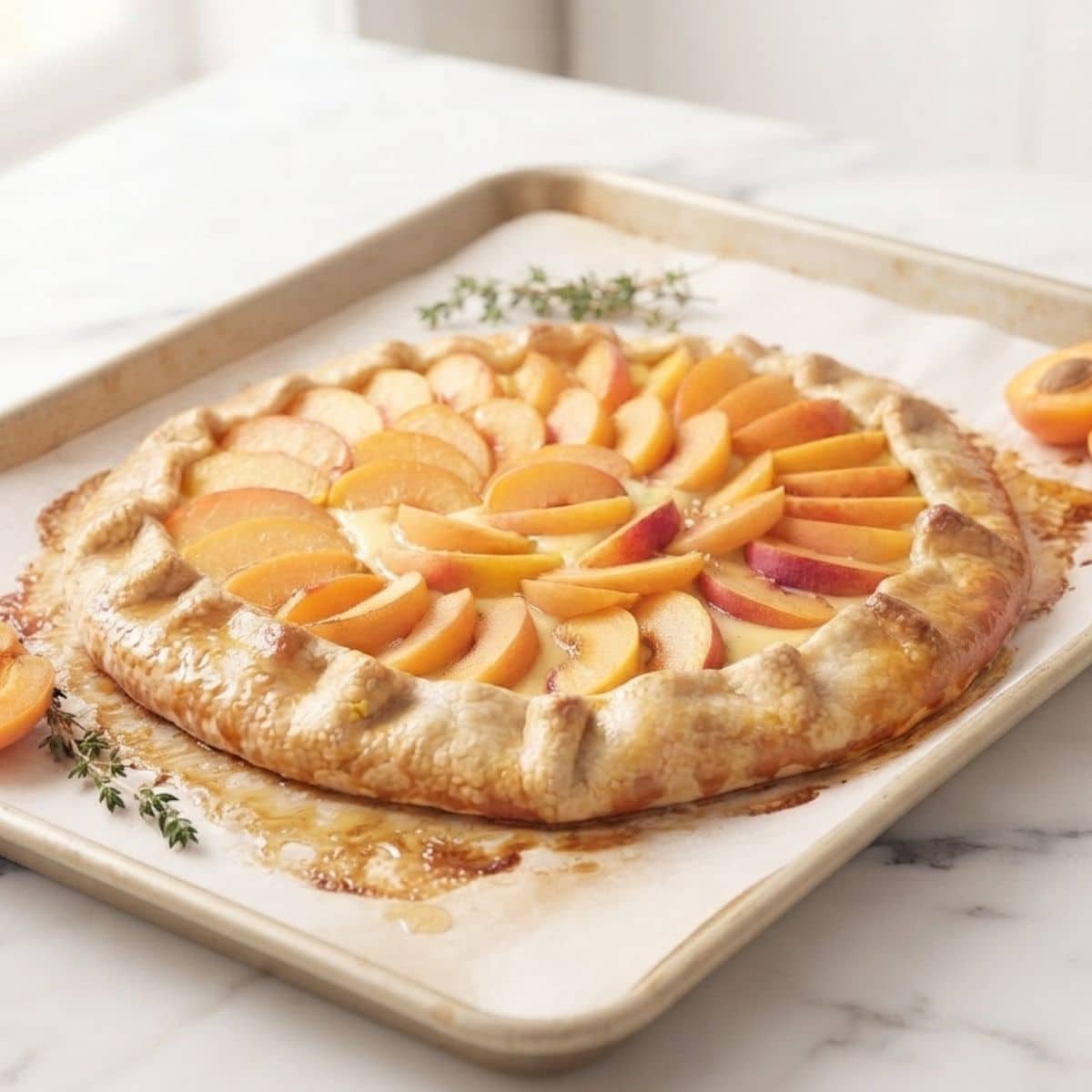 A close-up of the Apricot Honey Custard Galette golden and freshly baked with abricots place next to it. It's all placed on white marble kitchen counter with natural lighting.