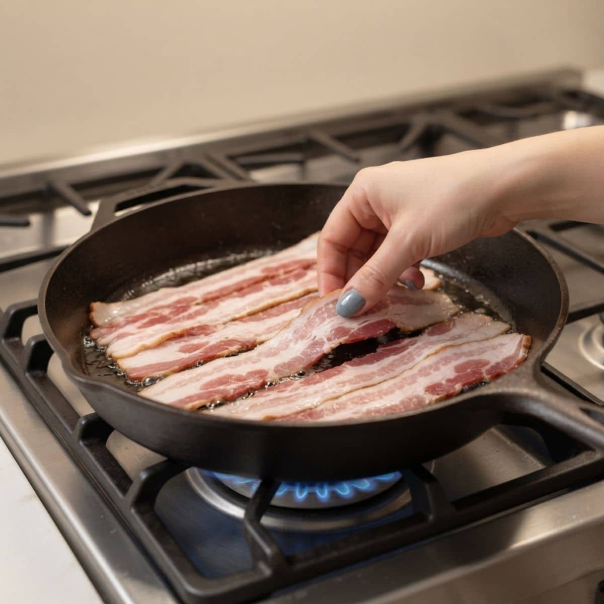 Extreme close-up shot of a woman with fog blue nails placing bacon strips in a skillet over a blue gas stove flame.