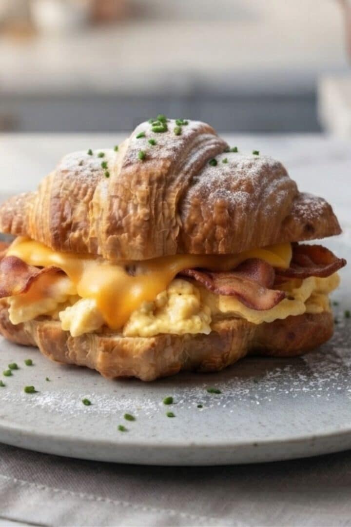 An eye level close-up of Breakfast Croissant Sandwich placed on foggy light blue ceramic plate in a simple American kitchen with natural lighting.