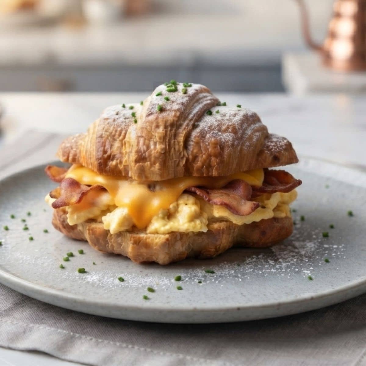 An eye level close-up of Breakfast Croissant Sandwich placed on foggy light blue ceramic plate in a simple American kitchen with natural lighting.