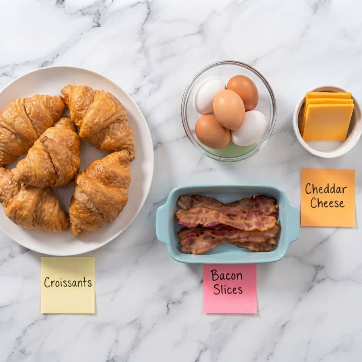 Top-down knolling shot of Breakfast Croissant Sandwich ingredients on white marble, including croissants, eggs, bacon, and cheddar cheese, all in various bowls and plates with identifying handwritten sticky notes.
