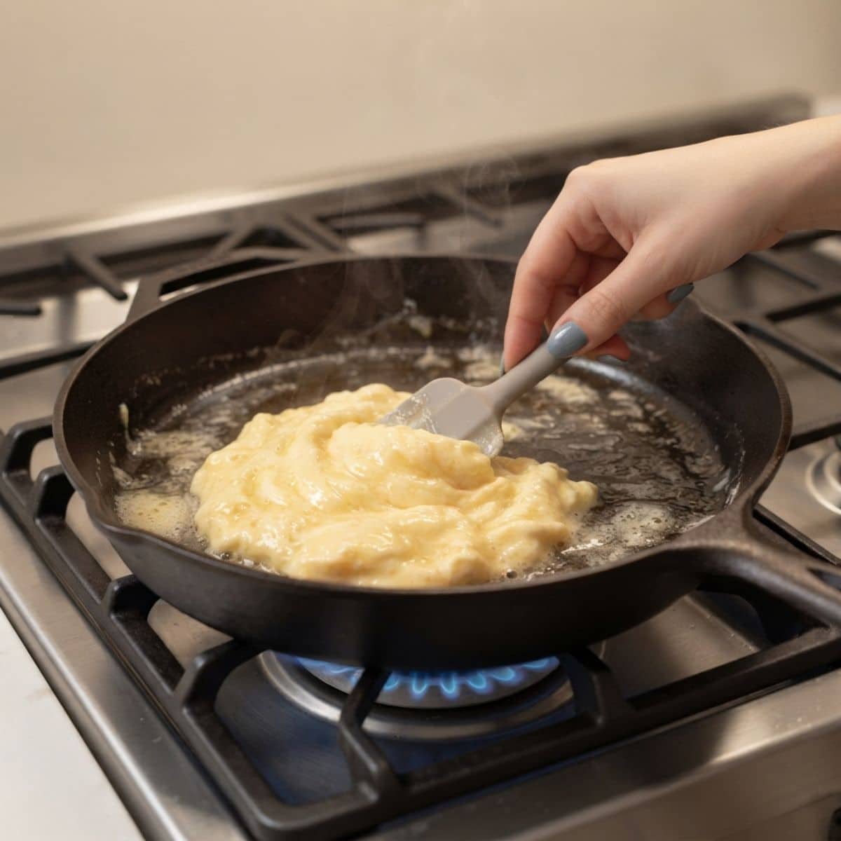 Extreme close-up shot of a woman with fog blue nails stirring eggs with a spatula in a skillet over a blue gas stove flame.